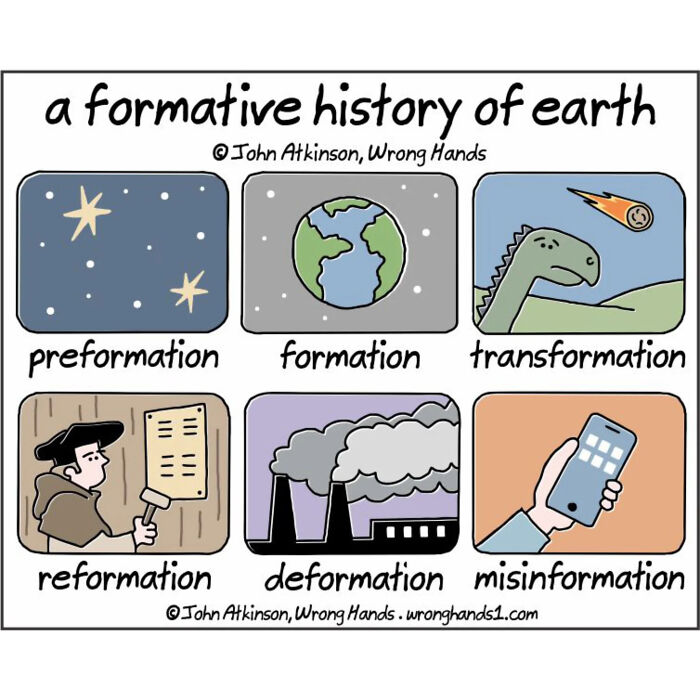 Humorous cartoon by artist illustrating earth’s history with science-inspired stages from preformation to misinformation.