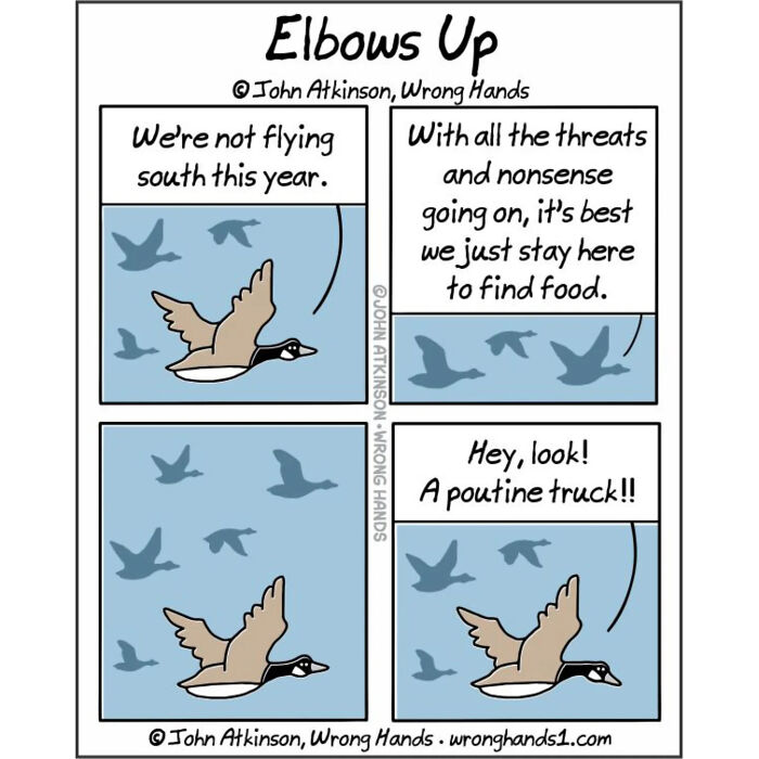 Humorous cartoon of geese deciding not to migrate due to threats, inspired by science and literature themes.