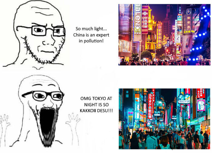 Meme contrasting urban pollution perceptions with vibrant city nightlife in an urban hell echo chamber discussion.