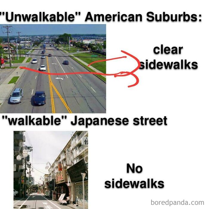 Comparison of unwalkable American suburbs with clear sidewalks and walkable Japanese street lacking sidewalks in urban hell echo chamber context.