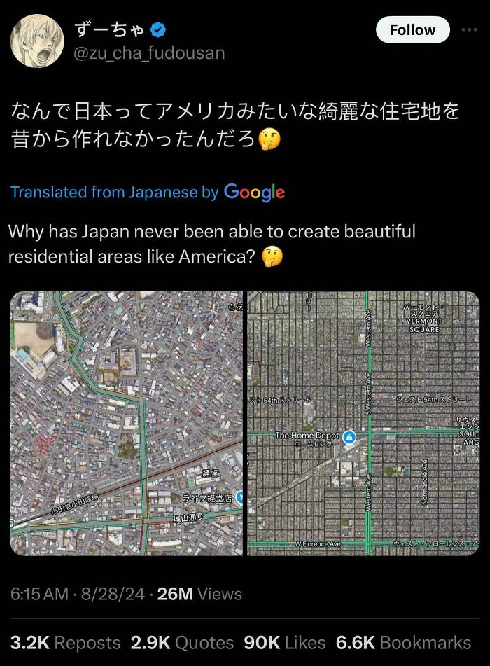 Tweet comparing Japanese and American residential areas with satellite maps, mocking the urban hell echo chamber.