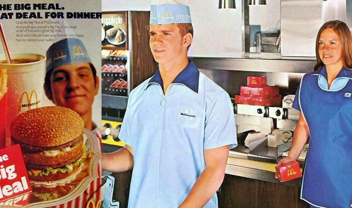 Two McDonald's workers wearing vintage uniforms, serving food behind the counter in a fast-food restaurant.
