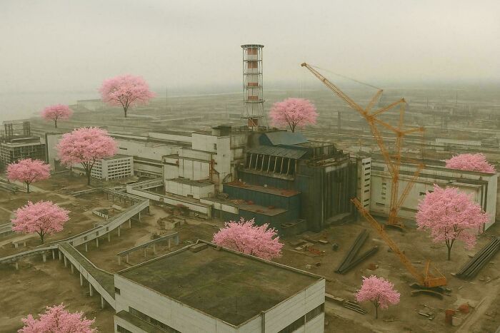 Abandoned industrial site with pink trees scattered around, capturing the urban hell echo chamber atmosphere.