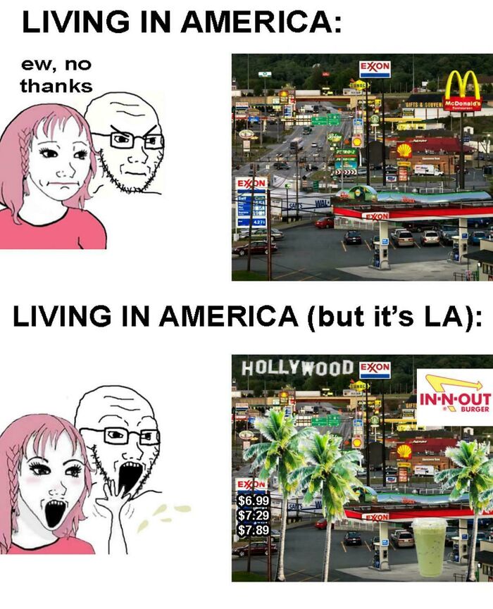 Meme comparing general American urban chaos to Los Angeles with gas stations and fast food in an urban hell echo chamber.