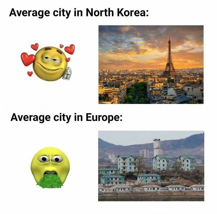 Comparison meme mocking the urban hell echo chamber with emojis and city photos from North Korea and Europe.