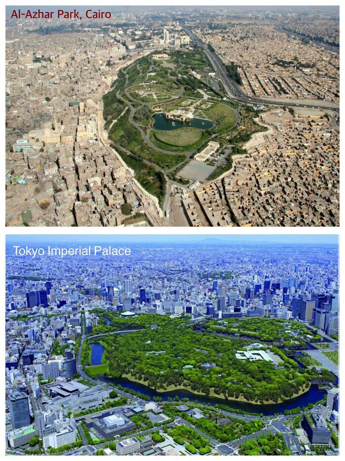 Aerial views comparing urban landscapes and green spaces highlighting the urban hell echo chamber contrast.