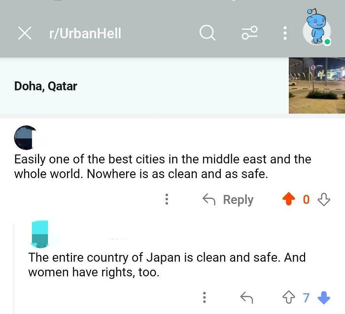 Reddit conversation from Urban Hell group discussing cleanliness and safety of Doha versus Japan.