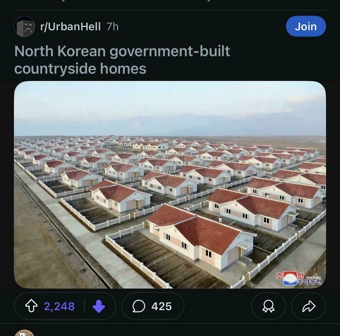 Aerial view of identical countryside homes in North Korea from a group mocking the urban hell echo chamber.