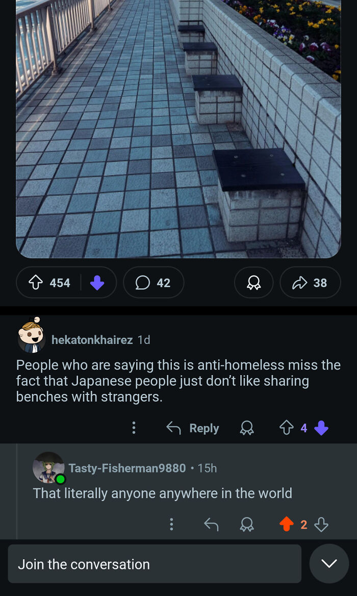 Public post from a group making fun of the urban hell echo chamber featuring a unique bench design and comments about sharing benches.