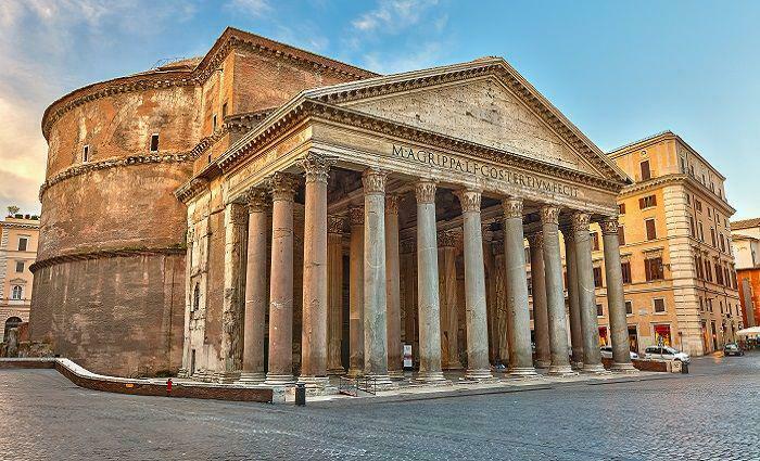Ancient Roman Pantheon with large Corinthian columns and detailed stone architecture at sunset, urban hell echo chamber theme.