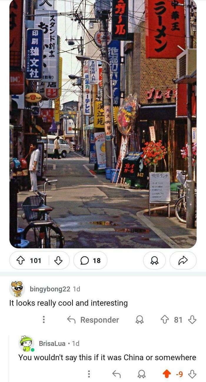 Narrow urban street filled with signs and bicycles reflecting the urban hell echo chamber theme.