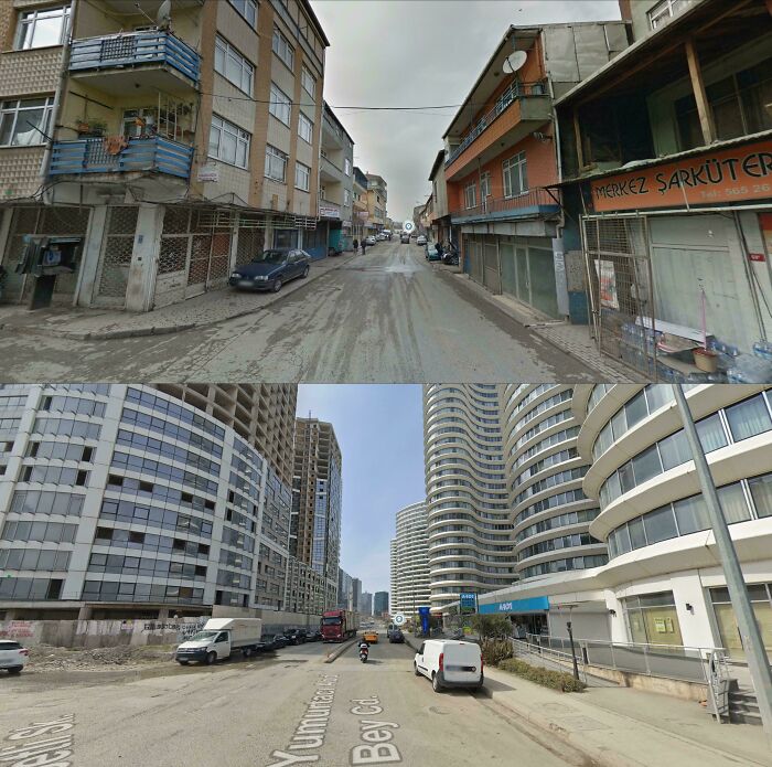 Comparison of urban street views showing contrast between deteriorated and modern cityscapes in the urban hell echo chamber context.