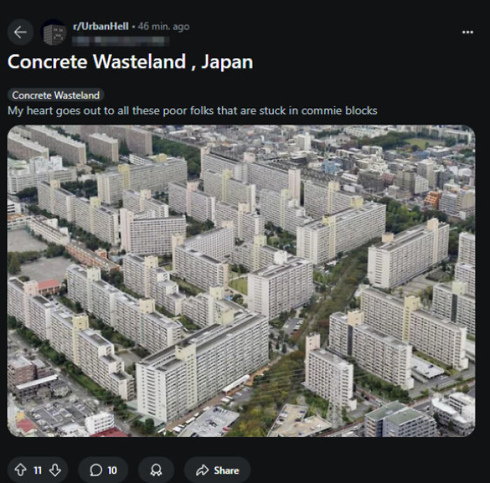 Aerial view of dense concrete apartment blocks illustrating the urban hell concept in a sprawling cityscape.