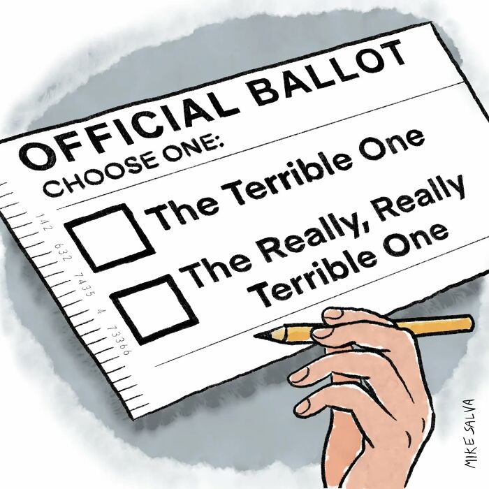 Illustration from comics by Mike Salva showing a hand holding a pencil over an official ballot with humorous choices, capturing social anxiety.