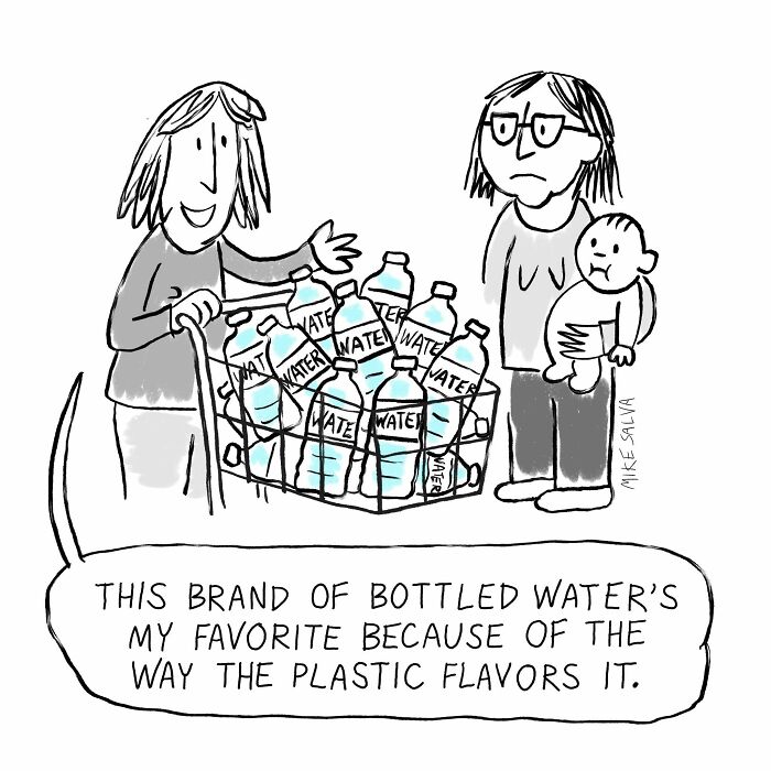 Comic by Mike Salva showing social anxiety and everyday struggles with a character obsessing over bottled water flavor.
