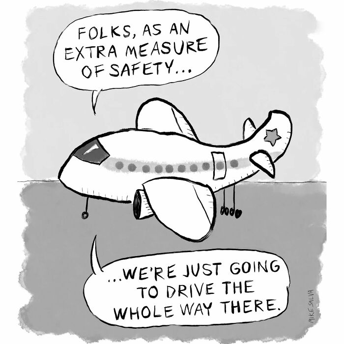 Cartoon airplane humor illustrating social anxiety and everyday struggles in a comic style by Mike Salva.