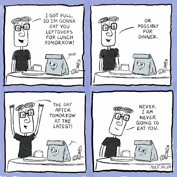 Comic by Mike Salva featuring a character humorously discussing eating leftovers, capturing social anxiety and everyday struggles.