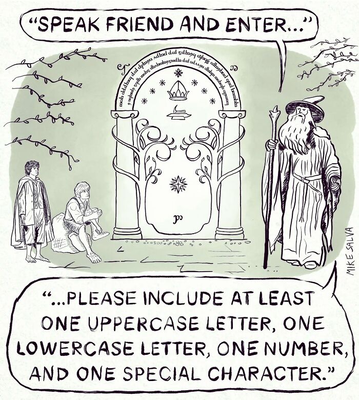 Comic by Mike Salva depicting social anxiety and nerd life with a humorous take on password rules at a fantasy gate.