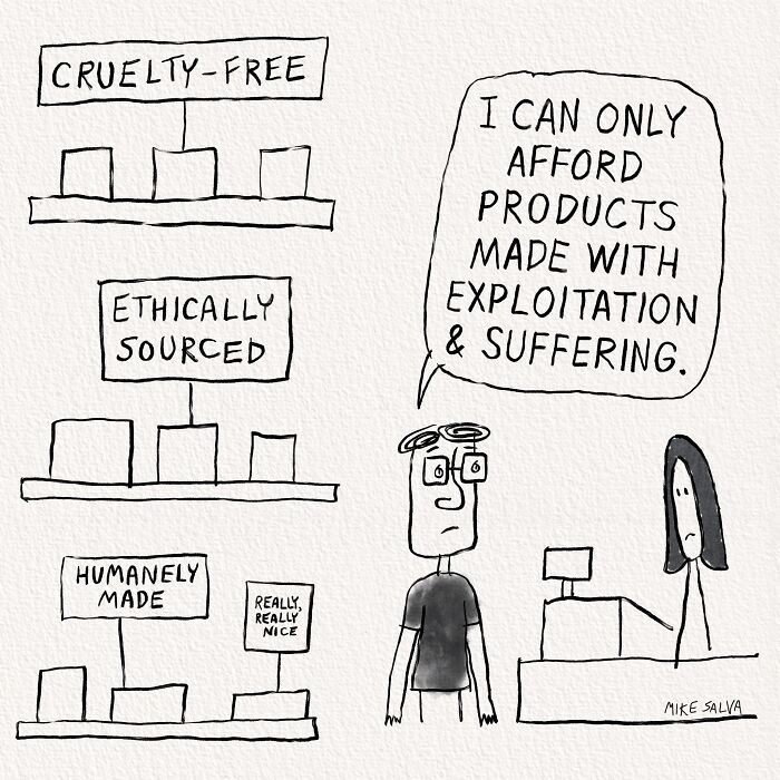 Comic by Mike Salva depicting social anxiety and everyday struggles with ethical shopping dilemmas in nerd life.