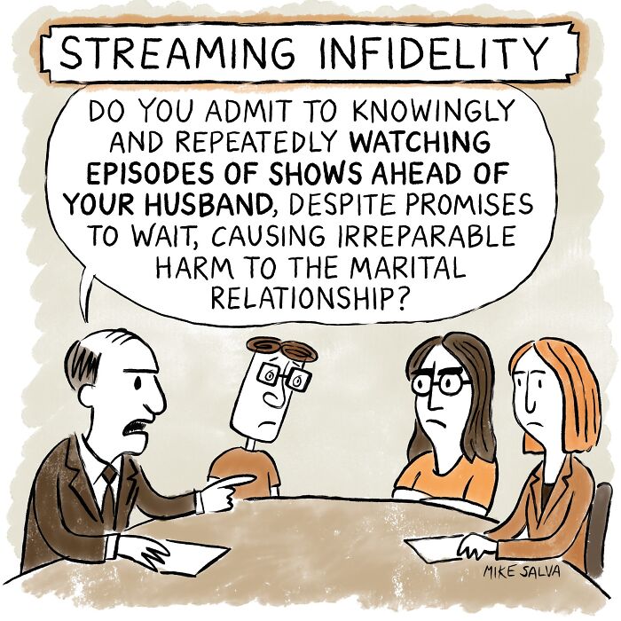 Comic by Mike Salva depicting social anxiety and everyday struggles in a humorous take on streaming and relationships.