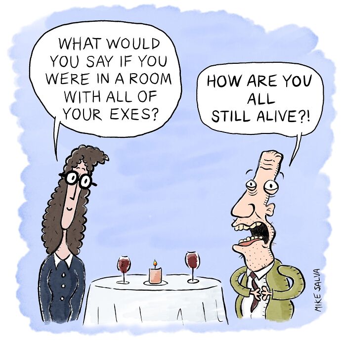 Comic by Mike Salva showing a humorous conversation capturing social anxiety and everyday struggles at a dinner table.