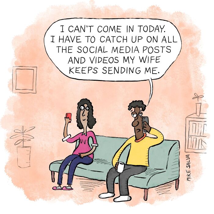 Man on phone with coffee, woman on couch holding phone, comic about social anxiety and everyday struggles.
