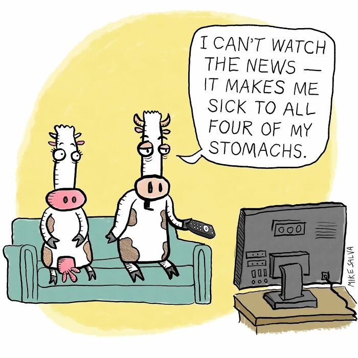 Two cartoon cows on a couch watching TV, capturing social anxiety and everyday struggles in a comic style by Mike Salva.