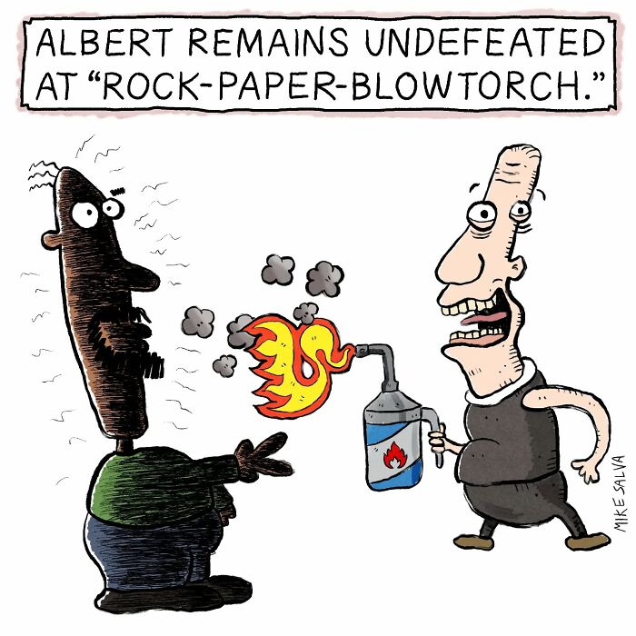 Cartoon by Mike Salva showing a quirky battle with a blowtorch, capturing social anxiety and everyday struggles.