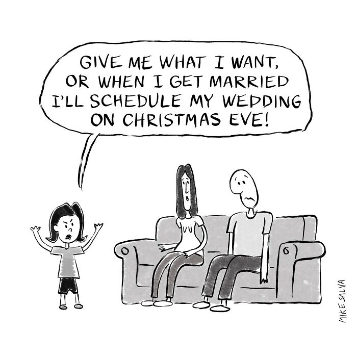 Comic by Mike Salva depicting social anxiety and everyday struggles with a child demanding a wedding on Christmas Eve.