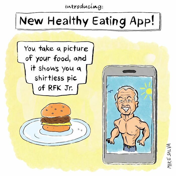 Cartoon showing a new healthy eating app concept with a burger and a shirtless RFK Jr. on a smartphone screen.