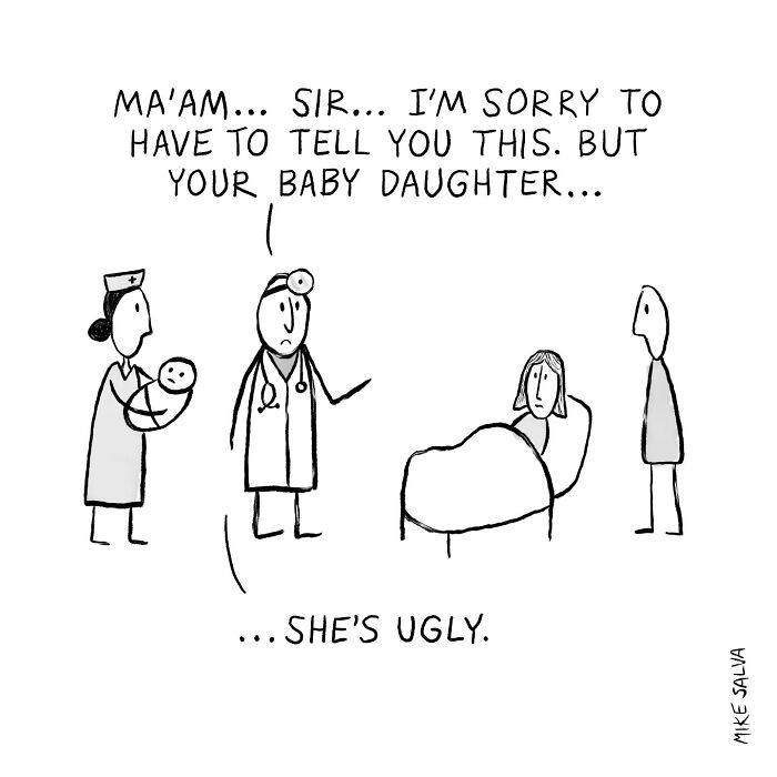 Comic by Mike Salva showing a doctor awkwardly delivering bad news, capturing social anxiety and everyday struggles.