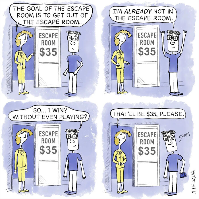 Comic by Mike Salva showing social anxiety and everyday struggles with an escape room and awkward interaction.