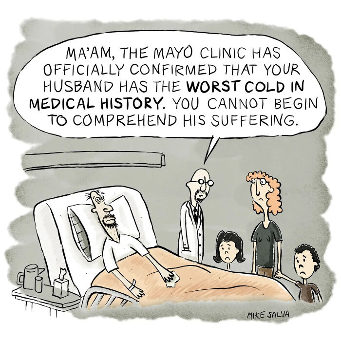 Comic by Mike Salva showing a doctor humorously exaggerating a cold's severity, capturing everyday struggles and nerd life.