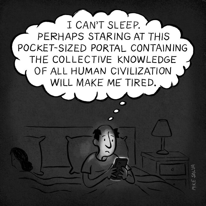 Man in bed with phone, illustrating social anxiety and nerd life in a comic style by Mike Salva about everyday struggles.