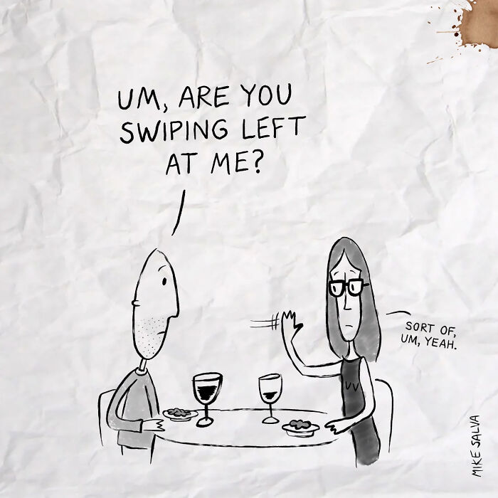 Cartoon of two people at a table humorously depicting social anxiety and everyday struggles in nerd life.