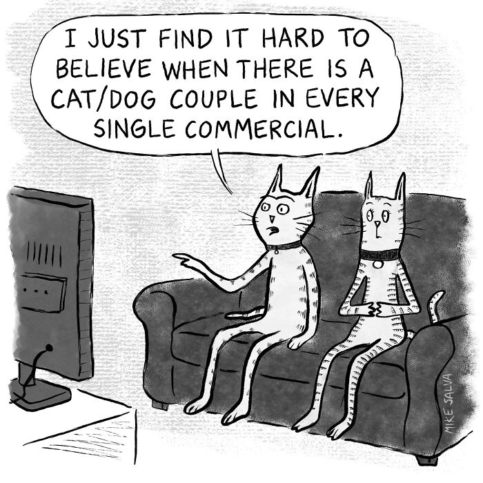 Comic by Mike Salva showing two cats on a couch discussing social anxiety and everyday struggles while watching TV.