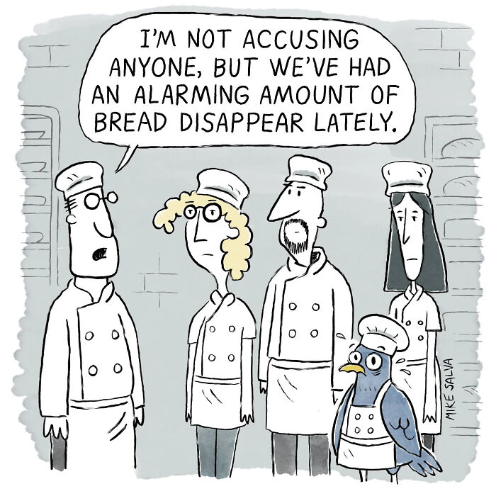 Cartoon of bakers and a bird hearing about bread disappearing, capturing social anxiety and everyday struggles.
