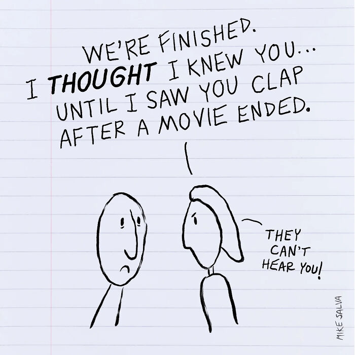 Simple black and white comic by Mike Salva humorously capturing social anxiety and everyday struggles with awkward moments.