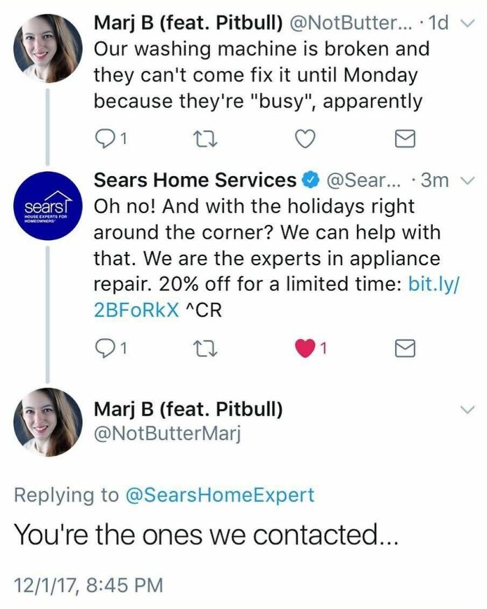 Twitter interaction showing a social media fail by Sears Home Services offering repair help after a customer complaint.