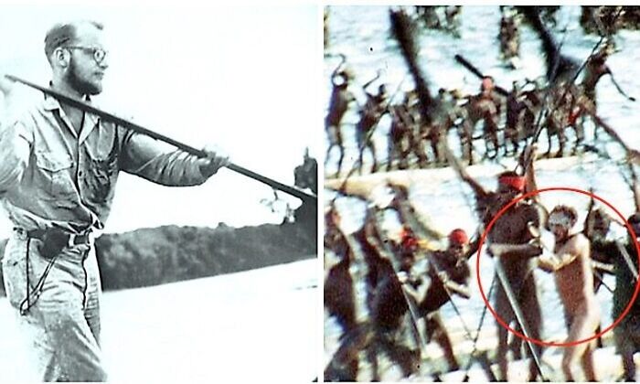 Black and white image showing a man with a spear next to a group of armed people, capturing terrifying photos and stories.
