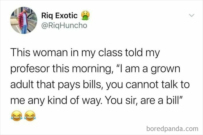 Tweet meme with a humorous message about a woman in class telling her professor a witty comeback, viral meme content.