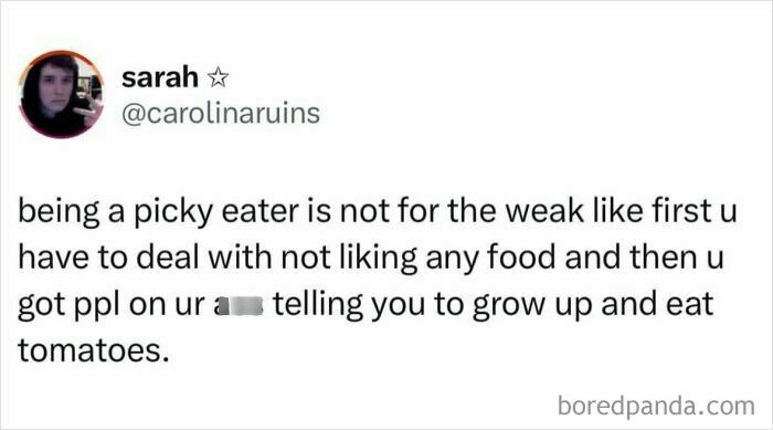 Screenshot of a viral meme about picky eating from a chaotic and random memes page.
