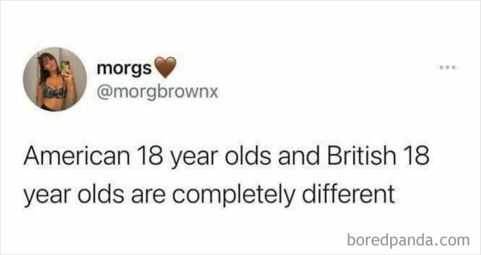 Screenshot of a viral random meme comparing American 18 year olds and British 18 year olds, part of chaos meme collection.