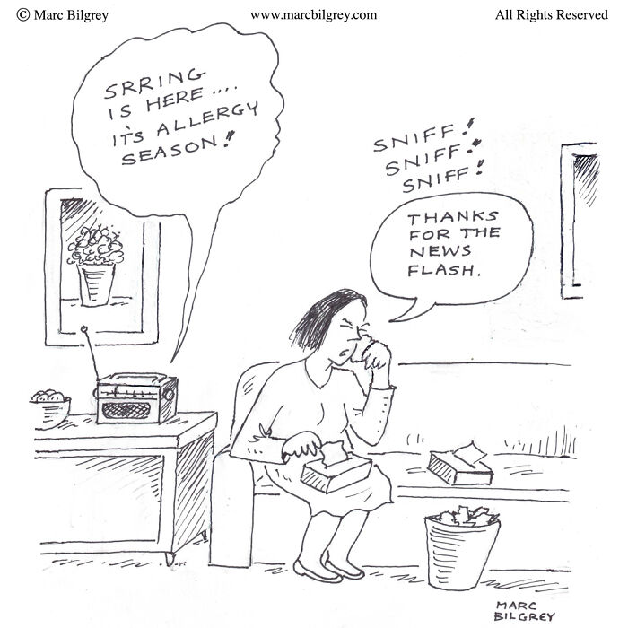 Woman sitting on sofa with tissues, reacting to radio announcement about allergy season in a Marc Bilgrey one-panel cartoon.