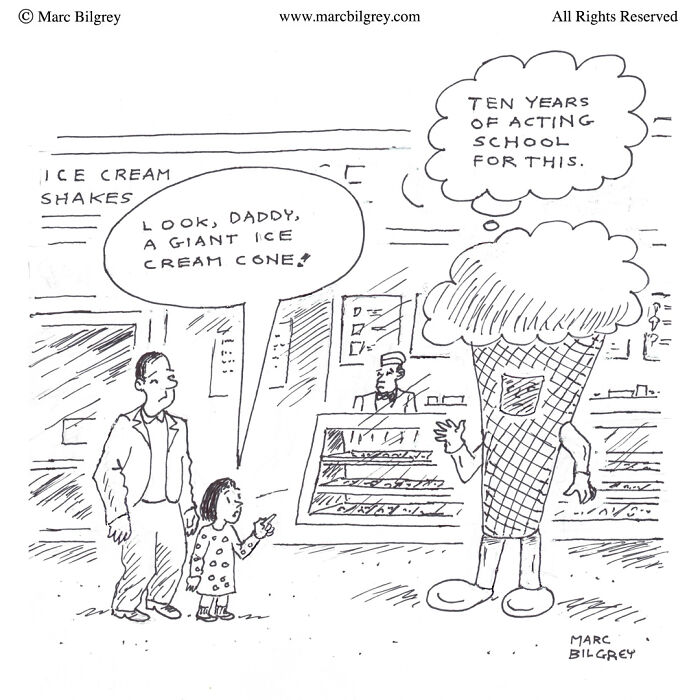Black and white cartoon showing everyday irony with a giant ice cream cone character and a father and daughter.