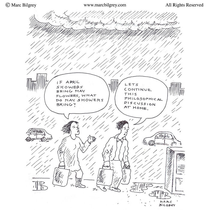 Two people walking in heavy rain with briefcases, showing Marc Bilgrey’s one-panel wonders and everyday irony.