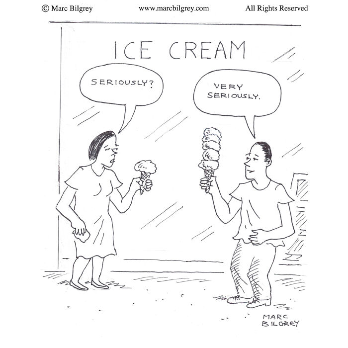 Cartoon by Marc Bilgrey showing everyday irony with two people holding vastly different sizes of ice cream cones.