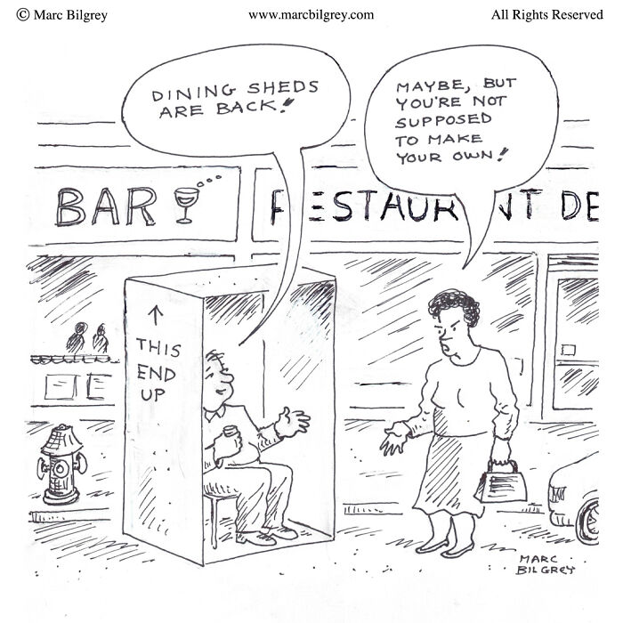 Cartoon by Marc Bilgrey shows everyday irony with a man sitting in a dining shed and a woman pointing out the rules.