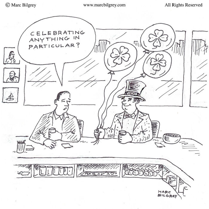 Bar patrons at a bar counter with one wearing a festive hat holding clover balloons, showcasing Marc Bilgrey’s everyday irony.