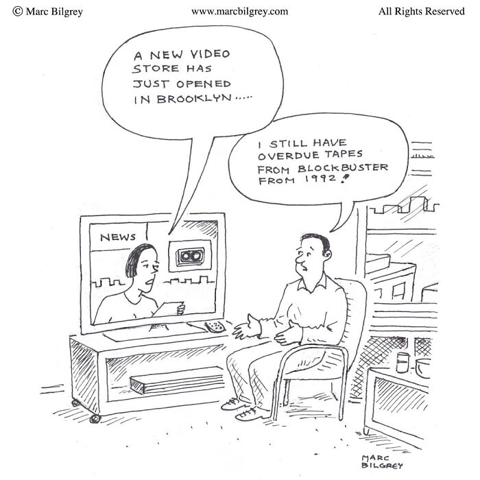 Man sitting in living room reacting to news about new video store, highlighting everyday irony in Marc Bilgrey’s single-panel cartoon.